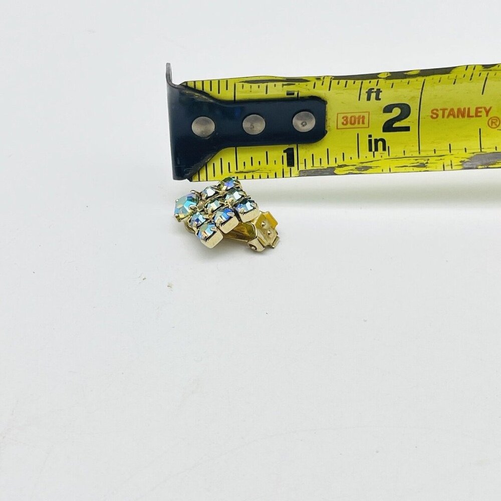 Vintage Square Aurora Borealis Earrings Gold Tone Clip On Glam Bling Sparkle - Picture 4 of 9